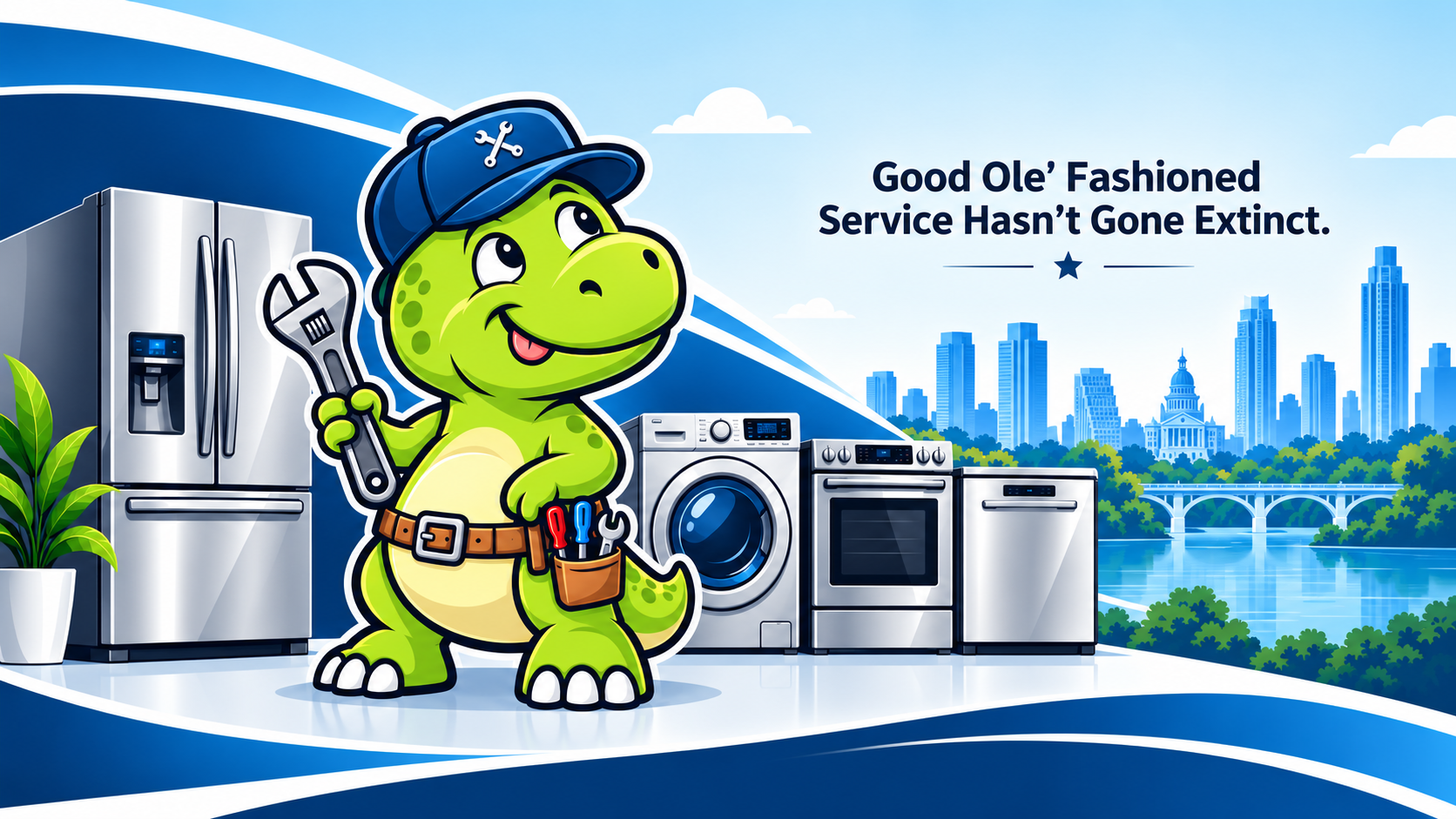 Wesley's Appliance Repair mascot with appliances and the Austin skyline