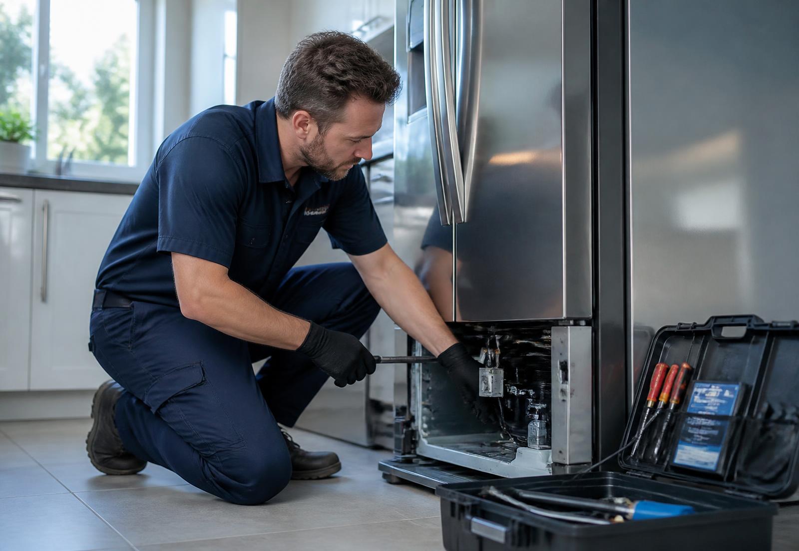 Appliance technician repairing a stainless steel refrigerator in an Austin kitchen